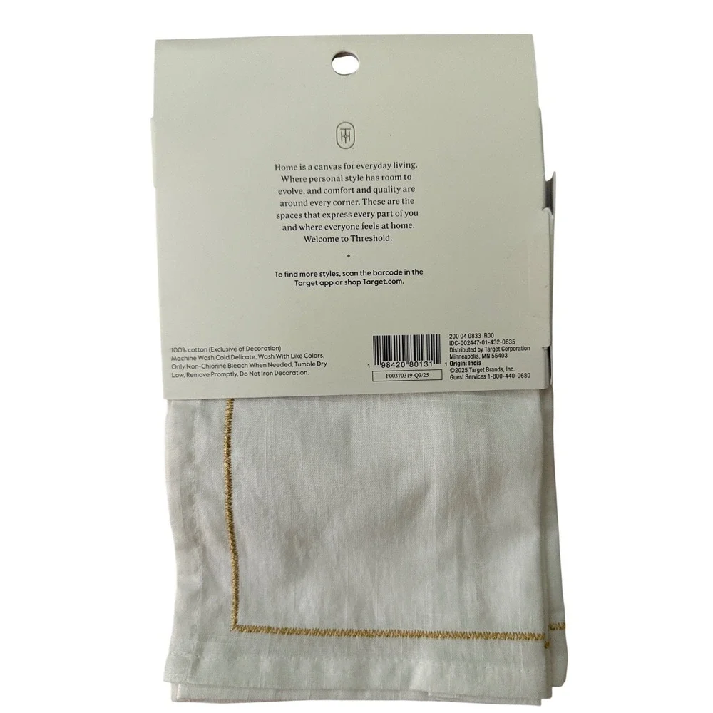 Threshold Christmas Napkins Set of 2 White Embroidered Santa Gold Trim new